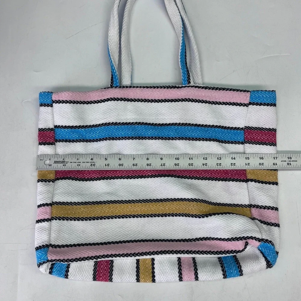 Senor Lopez Woven Striped Tote Bag White Blue Pink Cotton Blend Made in Mexico